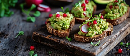 Smashed avocado on whole grain toast to make avocado and radish sandwiches. with copy space image. Place for adding text or design