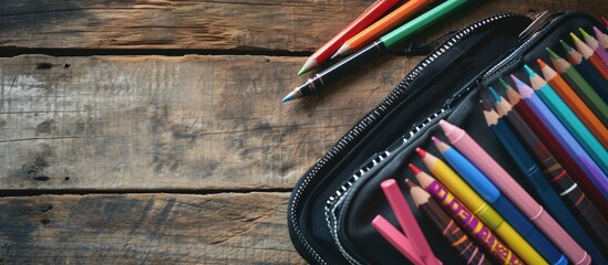 school supplies with colorful pens or water color pens note book and pencil case. with copy space...