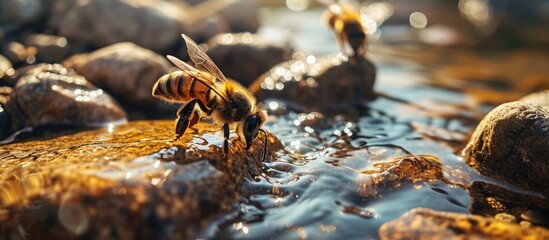 Several bees apis mellifera on the cracks of wet rocks and drinking natural spring water. with copy space image. Place for adding text or design