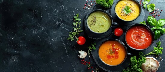 Tomato soup or gazpacho at black table Summer cold vegan food. with copy space image. Place for adding text or design