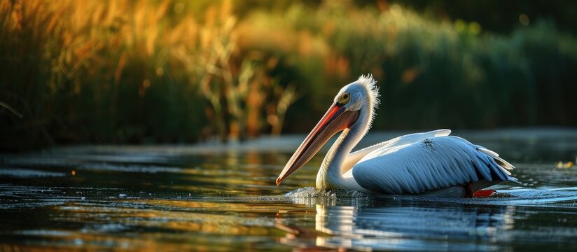 Nature in romania danube a graceful white pelican gliding on the tranquil waters of a nature reserve wildlife Delta landscape. with copy space image. Place for adding text or design
