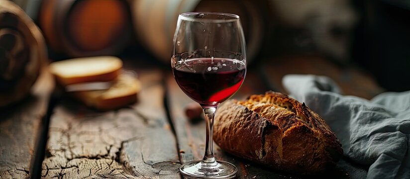 Taking Communion Cup of glass with red wine bread on wooden table focus on wine. with copy space image. Place for adding text or design
