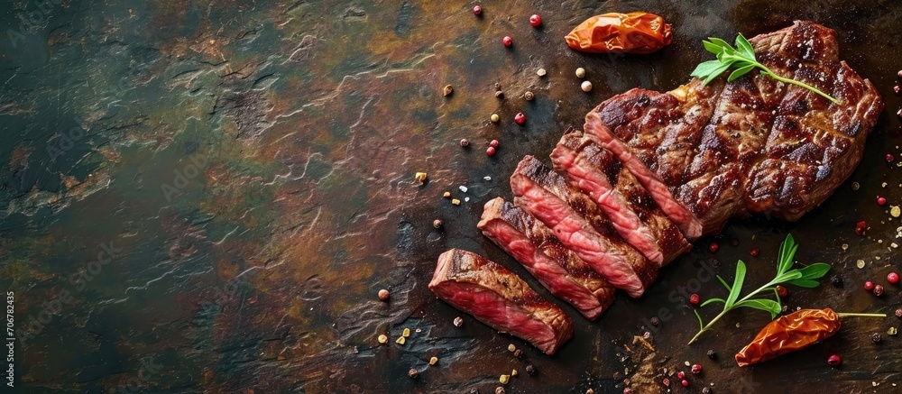 Poster Pieces of cooked rump steak with spices served on grill pan Steak of marbled beef black Angus Raw beef ramp steak top view. with copy space image. Place for adding text or design
