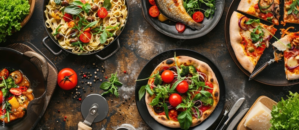 Poster top of view full table of italian meals on plates and pan pizza pasta risotto soup and fish vegetabl