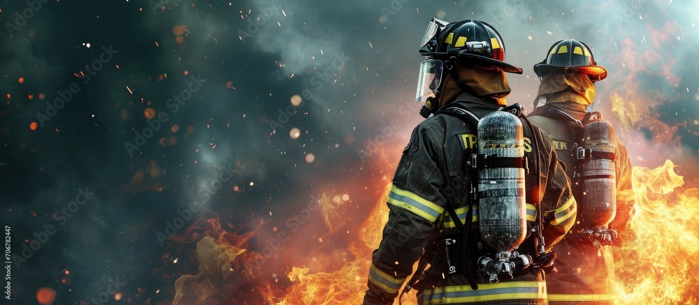 Poster Professional firefighter ensures that the zipper aligns perfectly creating a snug and secure fit that enhances their partner s comfort and mobility during firefighting missions. with copy space image