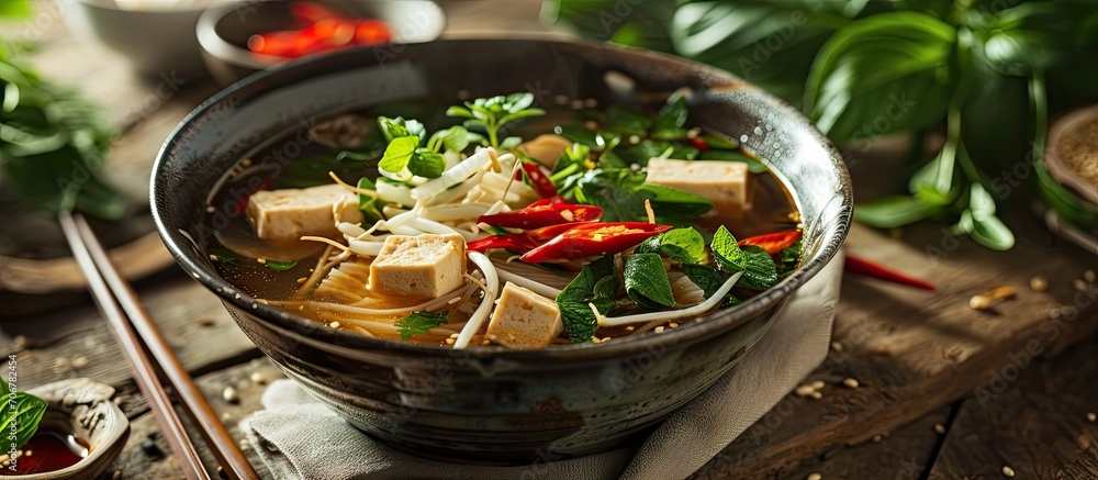 Fototapete Pho soup with tofu in a bowl The image is fully sharp front to back Clipping path. with copy space image. Place for adding text or design