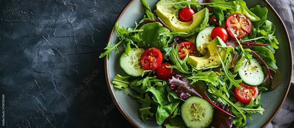 Poster salad mix with avocado and cucumber with balsamic dressing. with copy space image. place for adding 