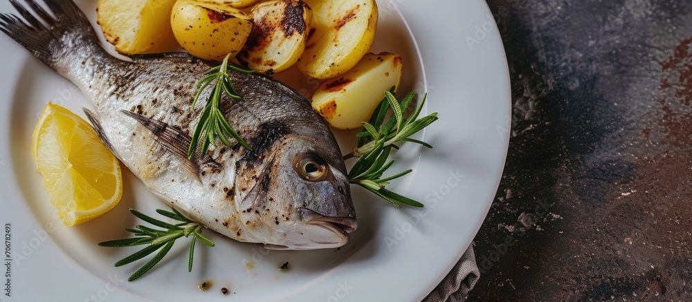 Leinwandbilder sea bream fish with potato on white plate close up. with copy space image. place for adding text or 