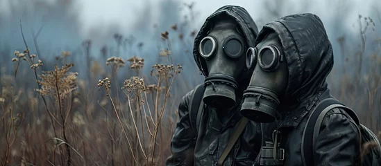 Foto op Plexiglas Two man wearing gas masks after nuclear disaster. with copy space image. Place for adding text or design © vxnaghiyev