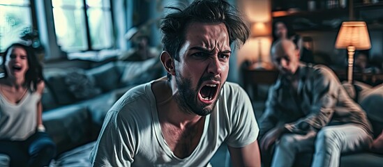Scared mother and daughter hugging each other sitting on sofa while aggressive standing father angrily yells at them at home Angry young man scolding raising voice scream at family - obrazy, fototapety, plakaty