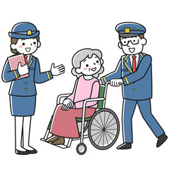 車椅子の乗客を案内する男性駅員と女性駅員