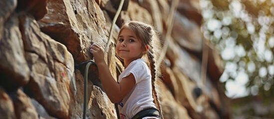 rock climbing training takes place regularly in the children s rehabilitation center for children with diseases and developmental disabilities girl in a white shirt and a long pigtail