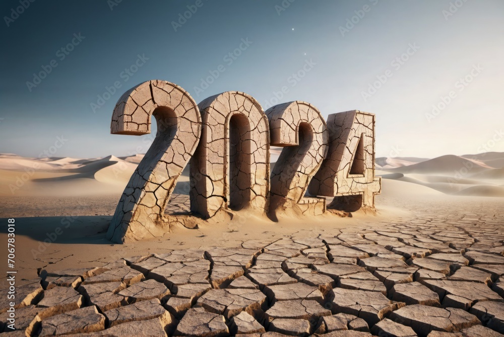 Poster numbers 2024 in the desert, concept of the hottest summer. background with selective focus and copy 