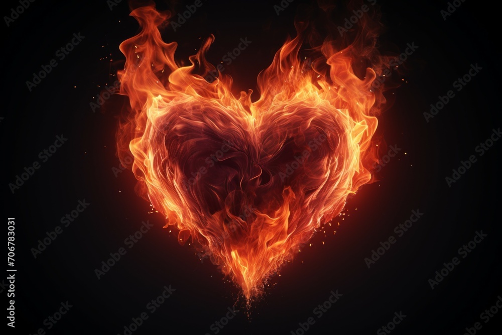 Poster fire flame in the shape of a heart. background with selective focus with copy space