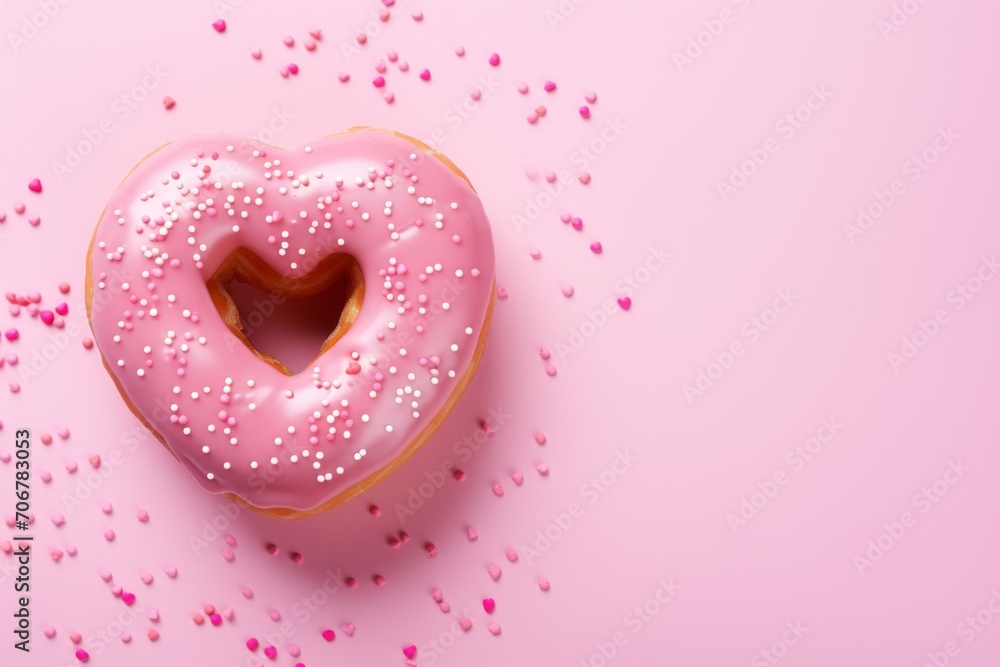 Poster donut in the shape of a heart. background with selective focus and copy space