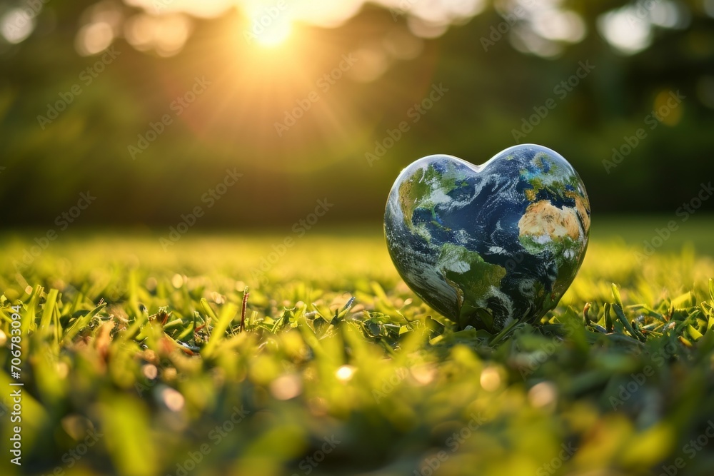 Poster planet earth in the shape of a heart. background with selective focus and copy space