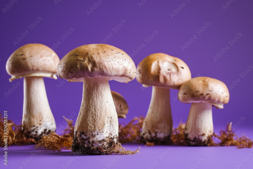 Poster mushrooms with studio light, cool tone. background with selective focus and copy space