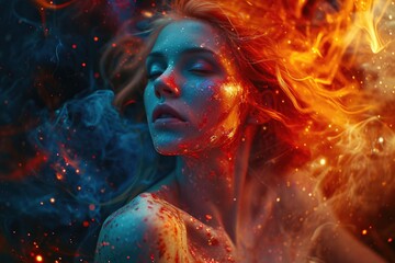 Fototapeta premium Celestial Power: A Beautiful Cosmic Female Radiates Sensual Aura with Fire Hair, Conjuring an Enchanting Vision of Elegance and Grace in the Cosmic Cosmos.