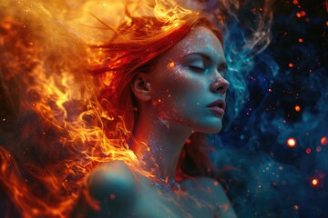 Celestial Power: A Beautiful Cosmic Female Radiates Sensual Aura with Fire Hair, Conjuring an Enchanting Vision of Elegance and Grace in the Cosmic Cosmos.

