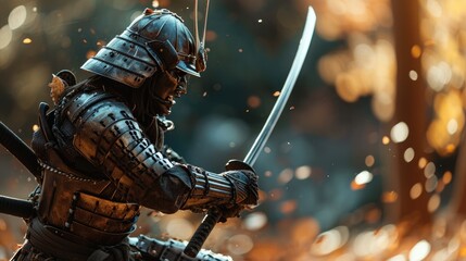 Epic Battle of the Samurai: Witness the Valor of a Warrior in Japan, Engaged in Fierce Combat with Sword and Armor, Upholding the Time-Honored Code of Bushido.

