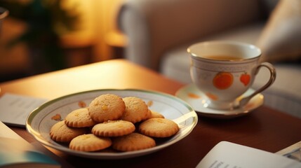 Closeup of a cup of tea and a plate of cookies on a virtual book club discussion friends screen.