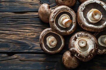 Fototapeta na wymiar Portobello Mushrooms Artfully Arranged on a Rustic Wooden Table, Providing Copy Space to Showcase the Natural, Healthy Essence of Farm-Fresh Cuisine