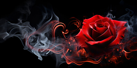 A black background with a red rose and smoke.AI Generative 
