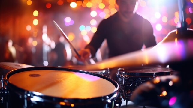 Closeup of a drummers intense expression as they play along to the virtual concert.