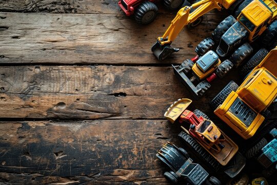 Miniature Construction Toys: Artfully Arranged Tiny Excavators Toys in a Flat Lay on a Wooden Background, Creating a Playful Composition with Space for Text.

