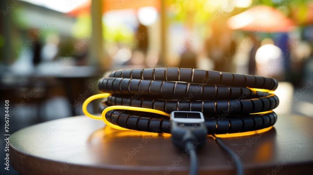 Poster closeup of a charging station with a retractable cord neatly coiled up.