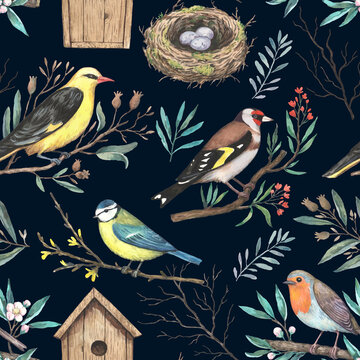 Watercolor pattern with garden spring birds on blooming branches, nest and birdhouse. Hand-drawn print in retro style for design and textile.