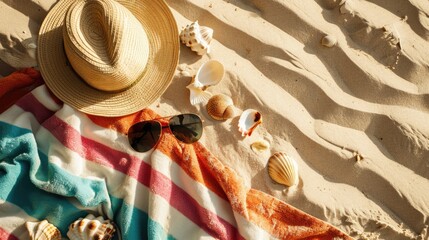 Summer Vibes: Transport yourself to a tranquil beach scene with an empty background featuring a towel, sunglasses, flip flops, straw hat, and seashells, providing the perfect copy space 