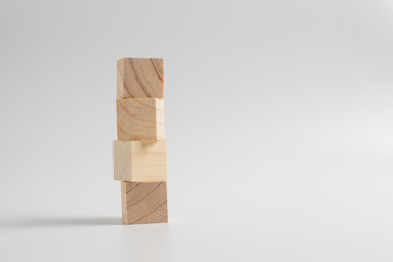 four stack wooden, block, box concept with wood cube isolated on white background, for mock up, top...