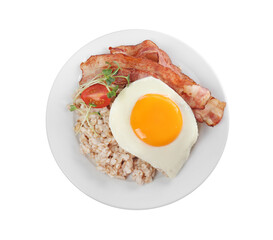 Tasty boiled oatmeal with fried egg, bacon and tomato isolated on white, top view