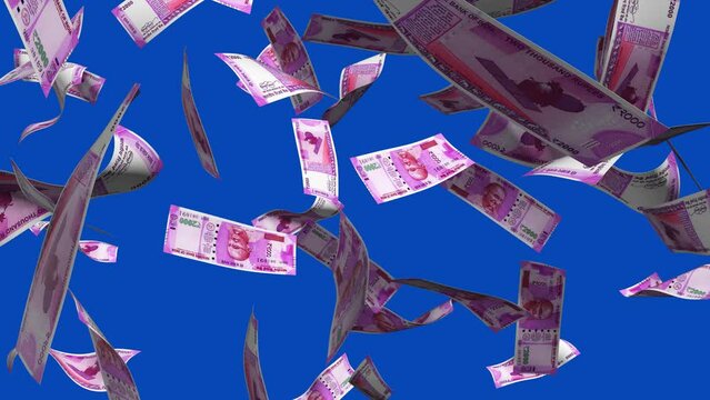 3D animation of Indian rupee notes Falling On blue screen. You can remove the background by keying or subtracting with the black and white matte to replace with a custom one
