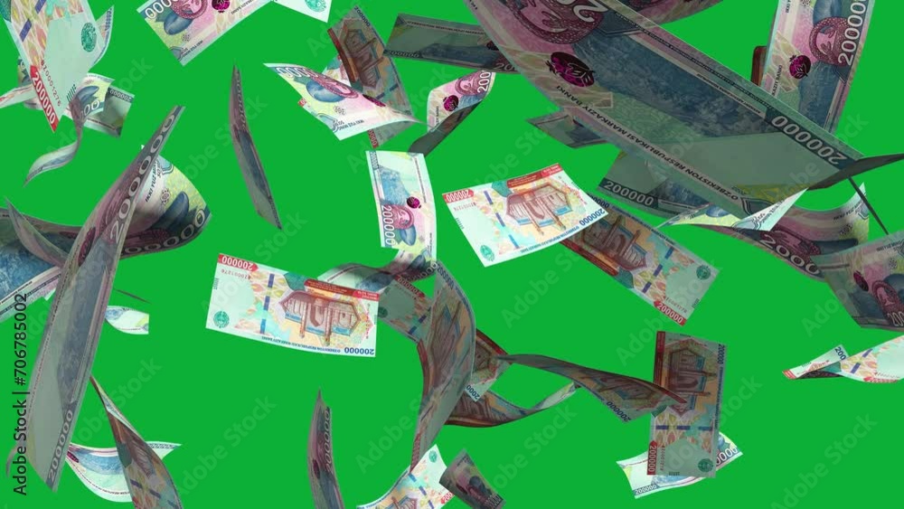 Poster 3D animation of Uzbekistani som notes Falling On Green screen. You can remove the background by keying or subtracting with the black and white matte to replace with a custom one
