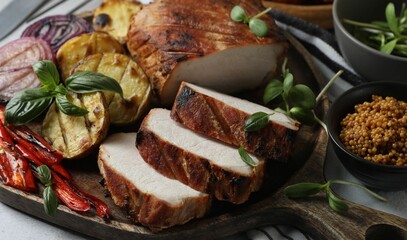 Delicious grilled meat and vegetables served on light grey table, closeup