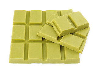 Pieces of tasty matcha chocolate bar isolated on white