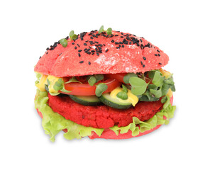 Tasty pink vegan burger with vegetables, patty and microgreens isolated on white