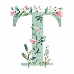 Watercolor cottagecore alphabet letter T