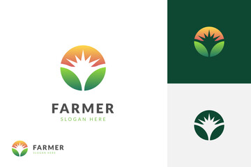agriculture or farmer logo icon design with sun graphic element symbol for agronomy, rural country farming field vector logo template