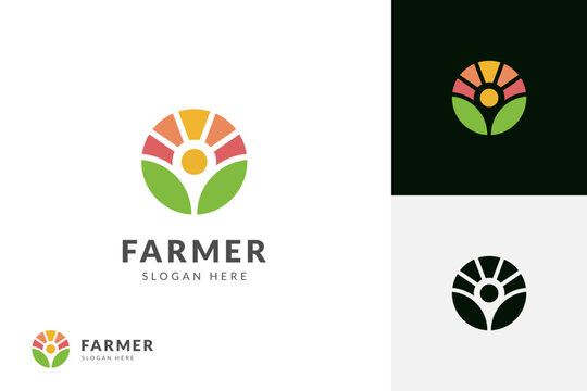 agriculture or farmer logo icon design with sun graphic element symbol for agronomy, rural country farming field vector logo template