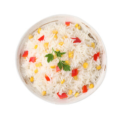 Delicious rice with vegetables and parsley isolated on white, top view