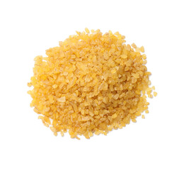 Pile of raw bulgur isolated on white, top view