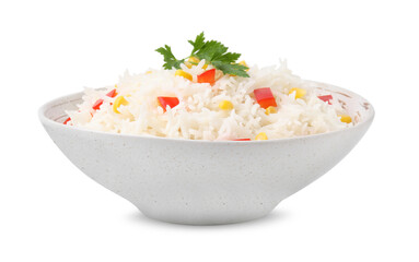 Delicious rice with vegetables and parsley isolated on white