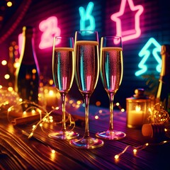 Neon Elegance: Champagne Glasses on Wooden Table with Vibrant Lights.
