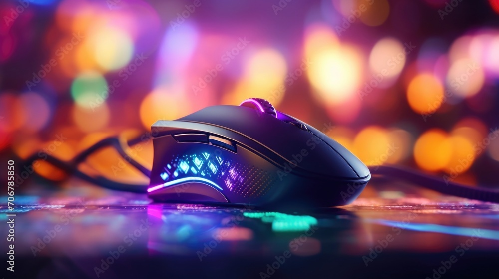 Poster closeup of a gaming mouse with custom ons and led lights being used by a skilled player in an online