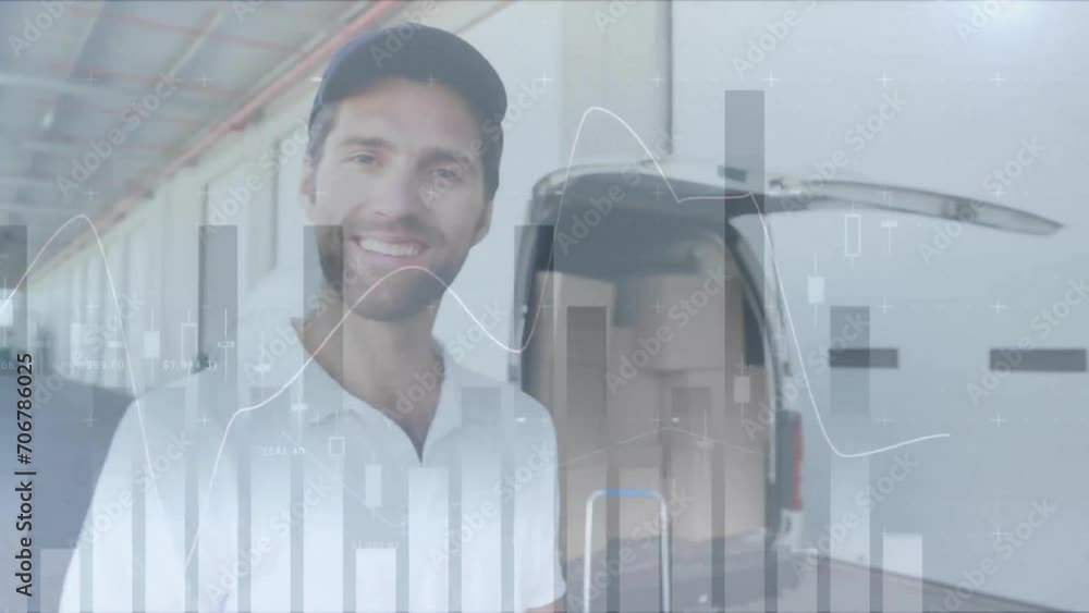 Poster animation of financial data processing over smiling caucasian delivery man
