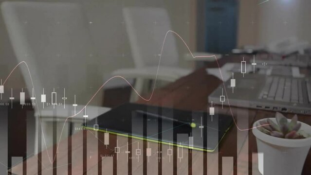 Animation of financial data processing over office desk