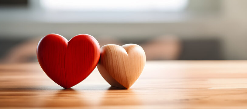 Closeup of 2 wooden hearts on an empty table - copyspace